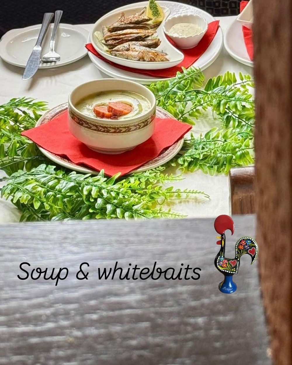 A table laid at Álvaro's with soup and whitebait